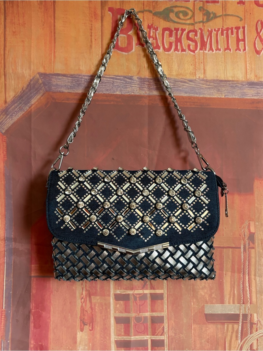 Y2K Temptations Italy Rhinestone Denim Shoulder Bag Embellished